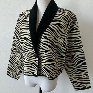 Vintage Black and Cream Zebra Print Tapestry Blazer w Chenille Colllar